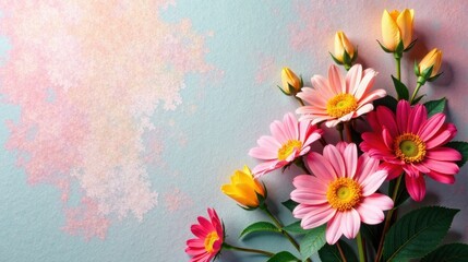 Obraz premium A Delicate Arrangement of Pastel-Colored Blossoms on a Soft Textured Background, Featuring a Variety of Flower Types and Shades, Creates a Serene and Elegant Floral Composition