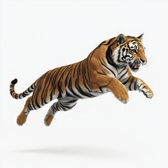 Obraz premium A fierce tiger leaps gracefully, showcasing its powerful physique and striking orange and black stripes against a clean background.