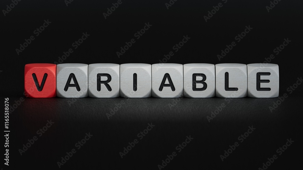 Poster word variable made with wood building blocks.close up of wooden elements,business concept.3d renderi