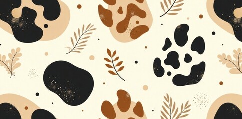 Abstract Beige, Brown, and Black Organic Shapes with Simple Leaf Motifs Seamless Pattern Design