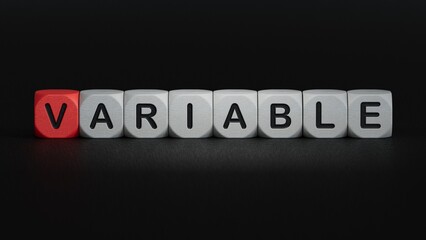 Word VARIABLE made with wood building blocks.close up of wooden elements,Business Concept.3D rendering on black background.