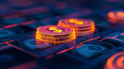 A glowing digital dollar coin placed on a stack of banknotes, symbolizing cryptocurrency and financial technology.