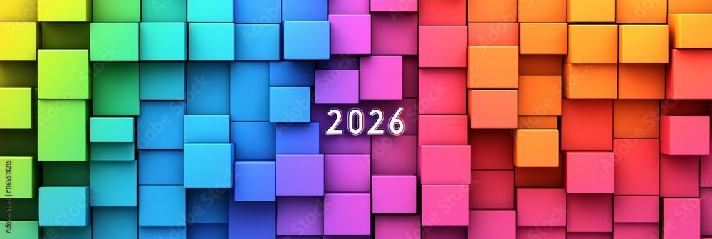 Poster abstract vibrant background with gradient color blocks, 2026 typography and soft bokeh effects