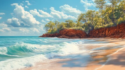 Ocean Waves Crashing on a Sandy Beach by Red Cliffs
