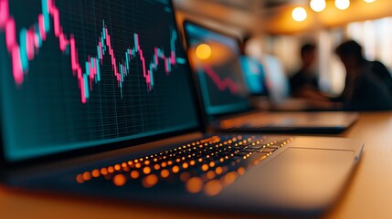 The image showcases laptops displaying stock market graphs, highlighting financial analysis and trading activity in a modern workspace.