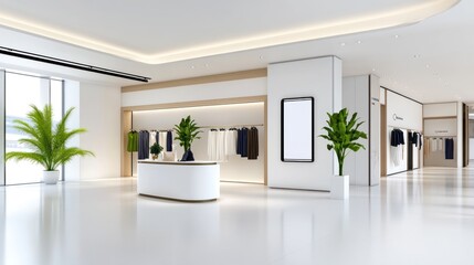 Modern retail space showcasing clothing with minimalistic design.