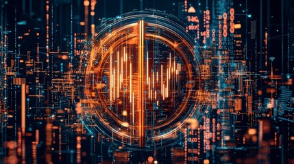 Fototapeta premium Abstract digital artwork featuring vibrant orange and blue soundwave patterns within a circular design, representing technology and innovation.