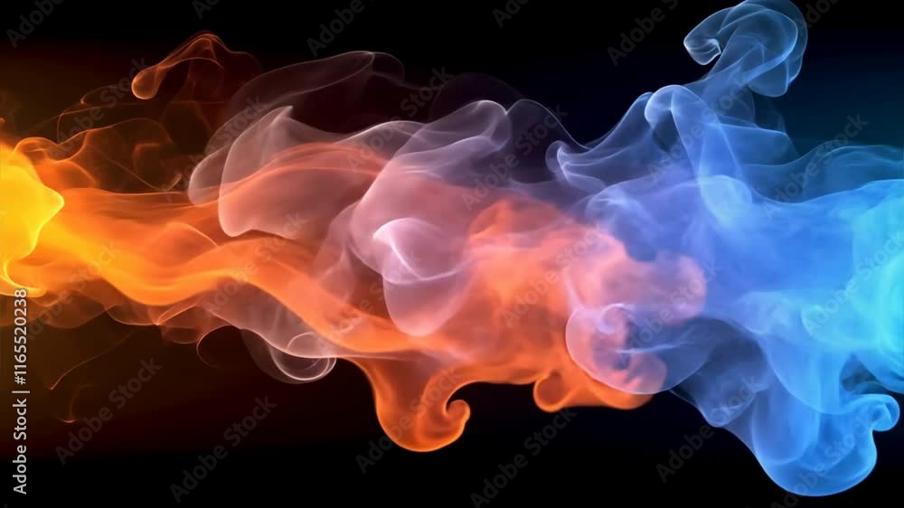 Poster vibrant abstract smoke swirls in dynamic orange and blue fluid motion against dark background, creat