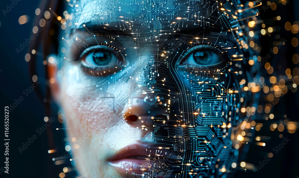 Poster human face intersecting with artificial intelligence and digital circuitry, blurring line between hu