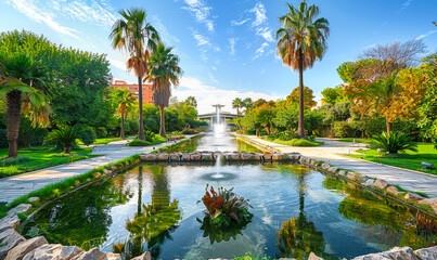 Obraz premium Beautiful Midday in Turia Gardens Valencia Spain with Lush Greenery, Palm Trees, Reflective Pond and Clear Blue Sky - Serene Urban Oasis and Nature Escape
