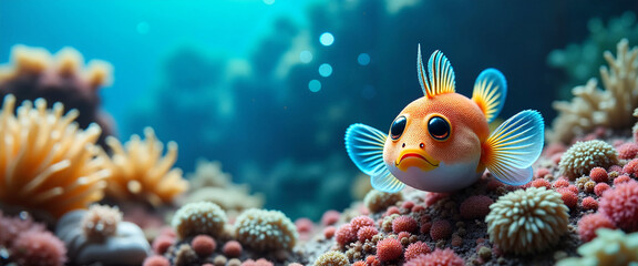 Obraz premium Digital art: Triggerfish swimming on colorful coral reef 
