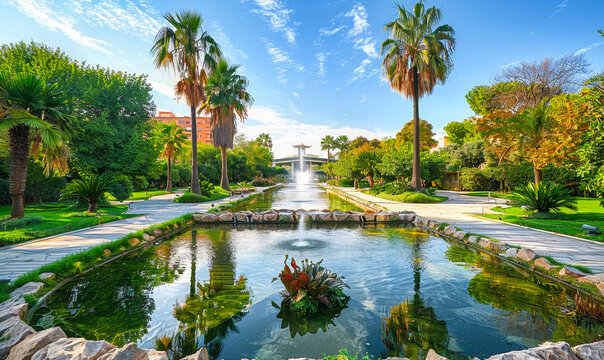 Beautiful Midday in Turia Gardens Valencia Spain with Lush Greenery, Palm Trees, Reflective Pond and Clear Blue Sky - Serene Urban Oasis and Nature Escape