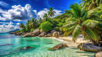 Fototapeta premium Tropical paradise with lush palm trees, white sand beach, clear turquoise water, and massive granite boulders under a stunning blue sky with fluffy clouds.