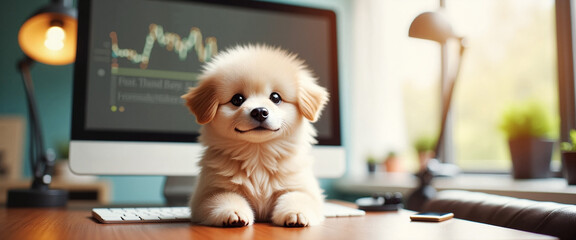 Fluffy puppy smiling at computer desk digital art illustration