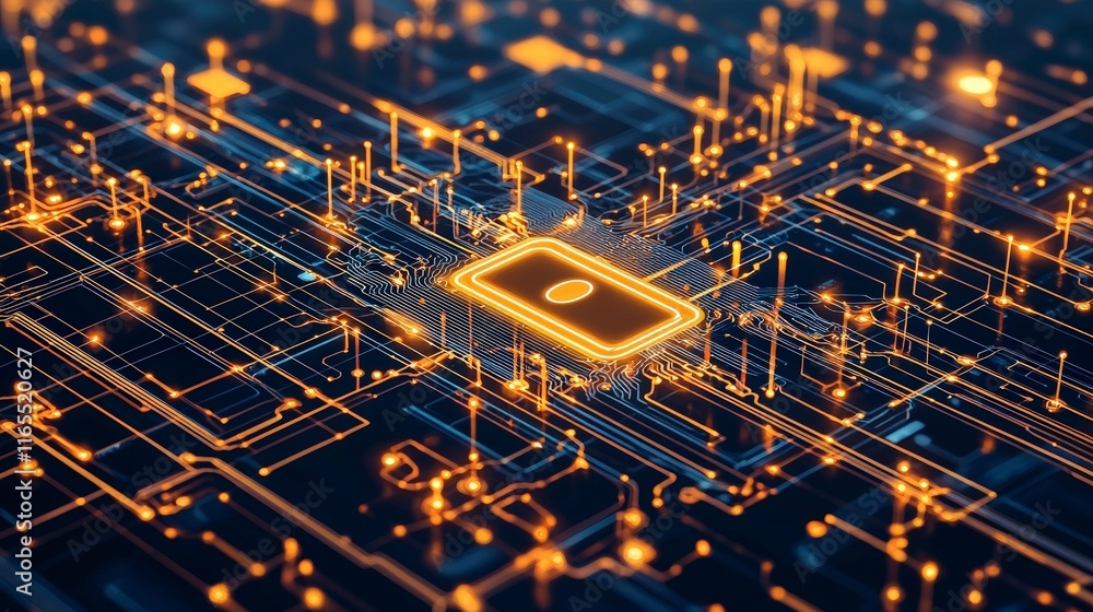 Poster futuristic digital circuit board with glowing elements and a central microchip, symbolizing advanced