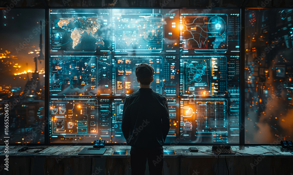 Poster nighttime system control room with technical operator monitoring multiple ai-powered displays showin