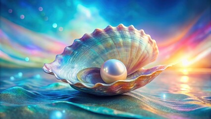 A glistening pearl nestled within a shimmering seashell on a bed of iridescent water, illuminated by the ethereal glow of a setting sun.