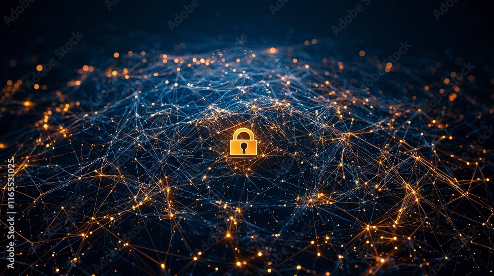 Aufkleber a digital network with glowing connections and a lock symbol, representing cybersecurity and data pr