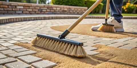 A broom sweeping sand into the cracks between the bricks of a newly laid patio