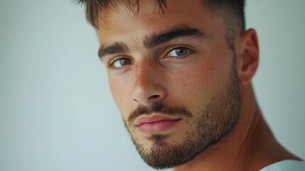 Naklejka premium A young man with a slight beard, standing against a white background. His neutral expression and clean features create a simple, modern portrait with a focus on natural, effortless style.