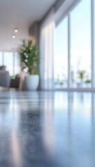 Blurred Interior Background, Modern Living Room with Large Windows and Concrete Table