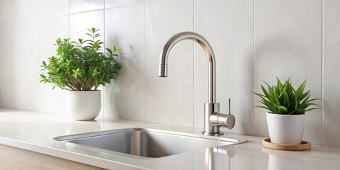 A modern kitchen sink with a polished chrome faucet and two potted plants on a white countertop