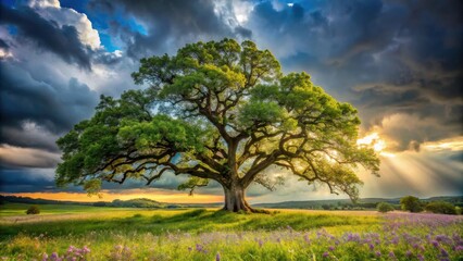 A lone tree stands tall in a field of wildflowers, bathed in the golden light of a setting sun, its branches reaching towards the dramatic sky above.