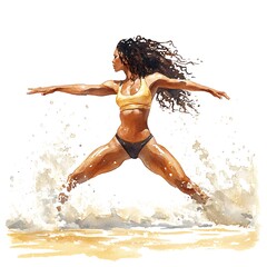Fototapeta premium Watercolor painting of a woman in a yellow bikini practicing yoga in ocean waves.