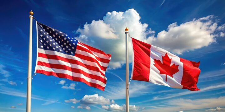 Canada USA Flags Wind Blue Sky Background