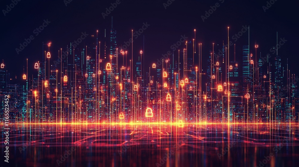 Poster a futuristic cityscape illuminated with glowing locks and data streams, representing cybersecurity a