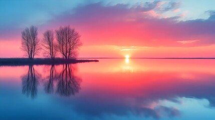 A beautiful sunset over a lake with a reflection of the trees in the water