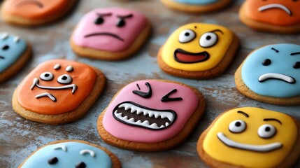 Fototapeta premium A row of cookies with different faces on them, including a frowning one