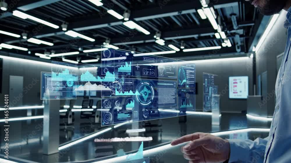 Poster exploring a high-tech control room with interactive digital displays and data analysis tools