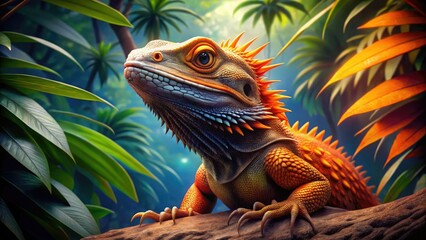 Obraz premium Cartoon Bearded Dragon, Tropical Reptile, Fashion Photography, Zoo Character, Orange Lizard