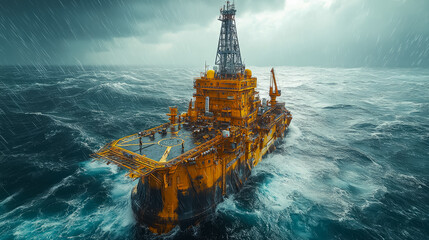 Obraz premium Offshore oil platform in stormy seas, highlighting the power of maritime industry, and industrial energy. The focus is on drilling operation and challenging work conditions.