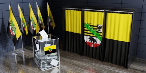 Naklejka premium Saxony-Anhalt - voting cabin, ballot box and flags at polling station - 3D illustration