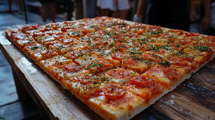 A large sheet of freshly baked pizza, cut into squares and arranged on a rustic wooden board,...