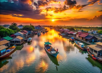 Fototapeta premium Cha-am Sunset: Traditional Thai Fishing Boats & Floating Village Drone Photography