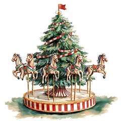 A whimsical watercolor painting of a vintage carousel with four horses merrily circling a decorated Christmas tree.