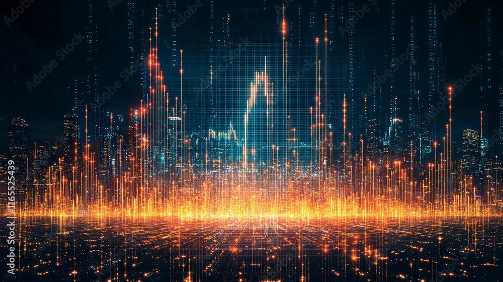 Poster abstract digital landscape with vibrant data streams and glowing graphs against a dark background, r