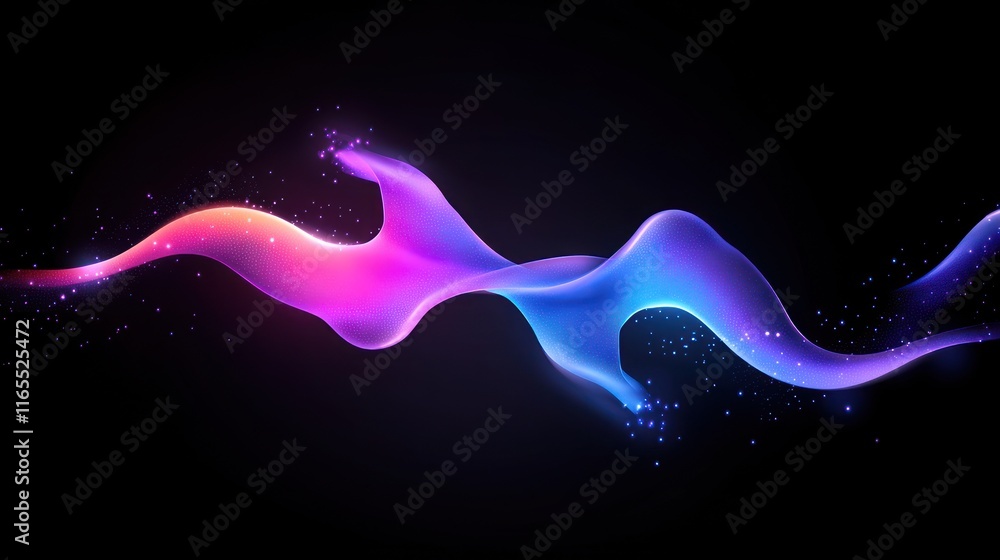 Poster abstract colorful wave design with glowing particles on a dark background.