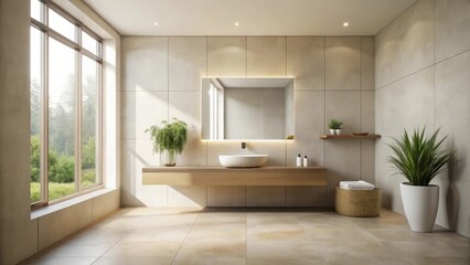 Minimalist Bathroom Design with Light Wood Vanity, a White Ceramic Vessel Sink and a Large Window with a View of Greenery.
