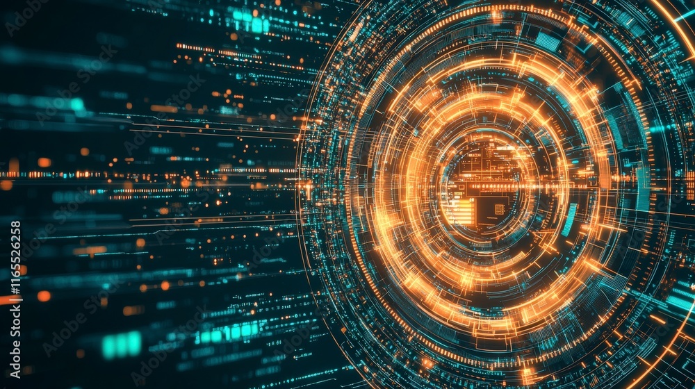 Poster abstract digital design with glowing circular patterns and streams of data in vibrant colors, repres