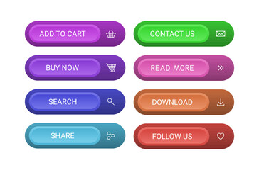 Fototapeta premium Modern CTA button set, texts and icons, 3D effect, web UI element for landing pages, mobile apps or banners.