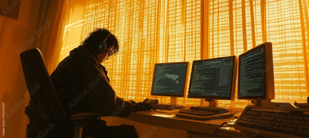 Poster silhouetted in orange a hacker s setup with multiple monitors against a vibrant backdrop