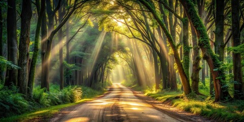 Obraz premium A Dusty Path Winds Through a Forest Bathed in Golden Sunlight, Creating an Enchanting Passageway