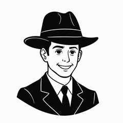 Smiling man in a suit and fedora hat.  A classic, stylish vector illustration perfect for vintage designs or retro themes.