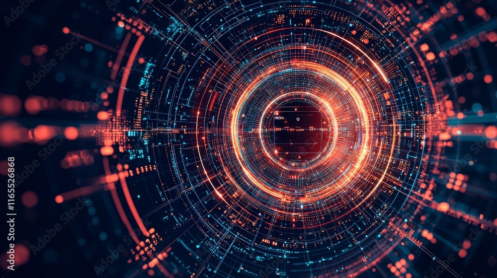 Poster abstract digital design featuring concentric circles and glowing lines, symbolizing technology and d