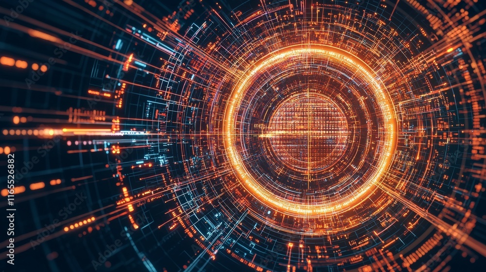 Poster abstract digital background with glowing lines and circles, representing technology, data flow, and 
