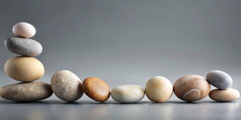 A carefully arranged collection of smooth stones, each exhibiting unique textures and colors, creates a captivating visual display of nature's artistry.